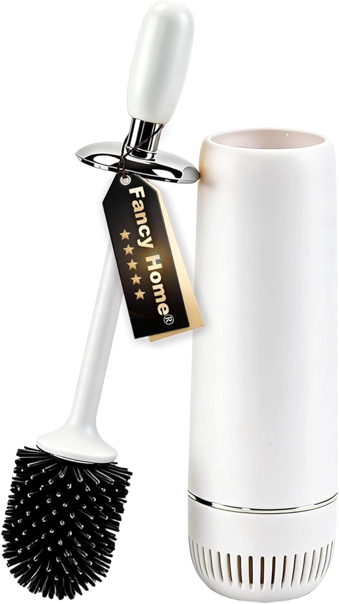 Toilet Bowl Brush and Holder Set, Plunger and Brush Set with Long Handle, High-End Modern Silicone Toilet Brush Set, Non-Scratch, Odor-Free Design(Matte White + Silver, B)