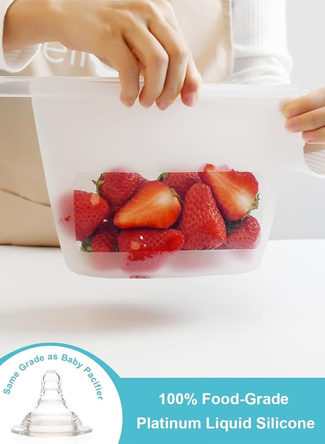 Reusable Silicone Food Storage Bags (Set of 4), Dishwasher Oven Microwave Freezer Safe, Eco-Friendly Leakproof Sous Vide Bags, Premium Lunch Containers, 2 Sandwich 1 Lunch & 1 Half-Gallon, Clear