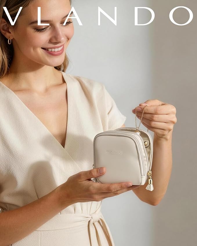 VLANDO Jewelry Travel Case with 2 Layers for Necklaces,Rings,Earrings | PU Leather Organizer with Divided Sections,Velvet Lining,Gift for Bride,Bridesmaid,Women,Girls,Cream White