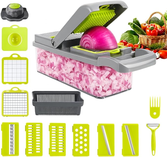 ERCLE's16-in-1 Vegetable Cutter Slicer – Multifunctional Vegetable Chopper with Stainless Steel Blades, Manual Onion Cutter, Food Slicer & Dicer for Kitchen, Salad Maker.
