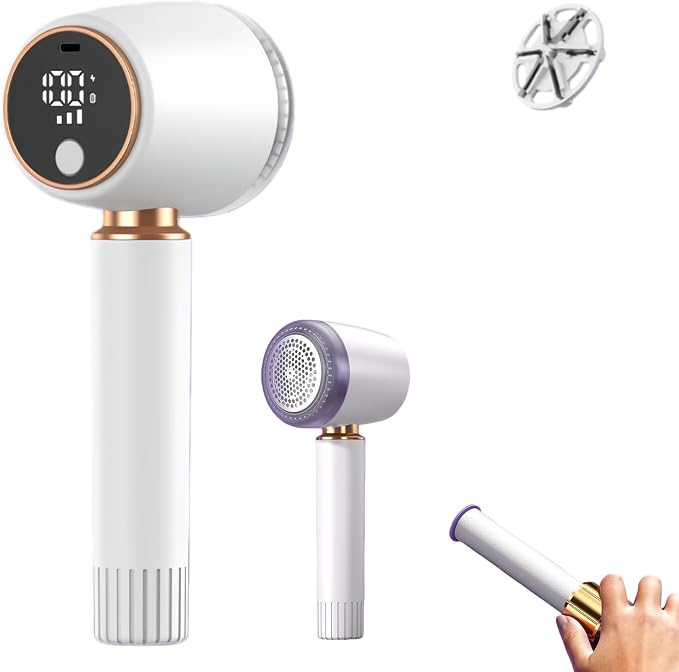 New Fabric Shaver and Lint Remover 2-in-1, Rechargeable Electric Clothes Defuzzer with LED Display, 6 Blades & 3 Speeds for Sweater, Blanket, Furniture (White)