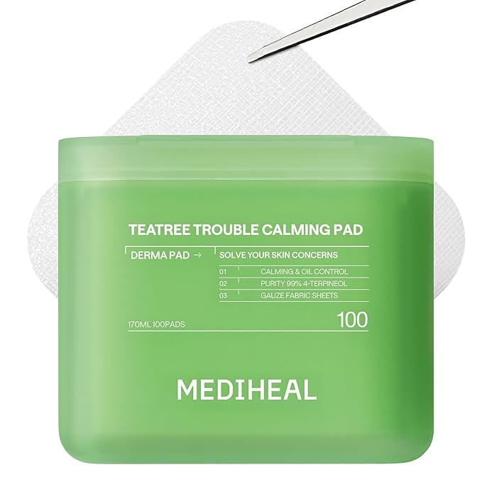 MEDIHEAL Teatree Trouble Calming Toner Pads, Quick Soothing (100 Count) | with Tea Tree Leaf Oil | for Sensitive & Acne-Prone Skin| Non-comedogenic | Plastic-Free Vegan Pads | Korean Derma Toner Pads