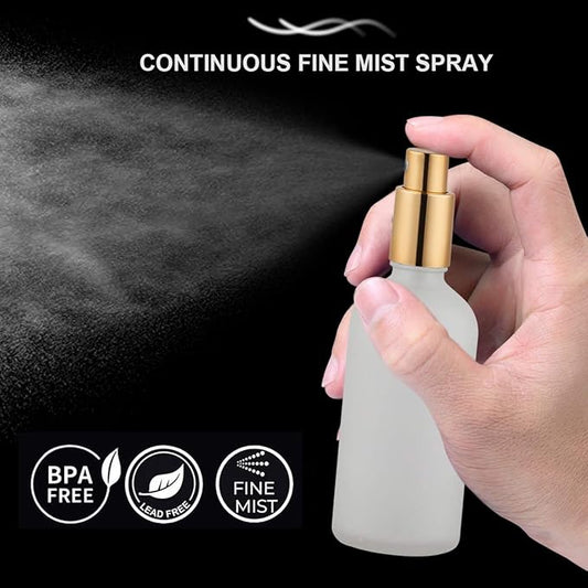 Glass Spray Bottle 3.4oz, Empty Frosted Perfume Atomizer, Fine Mist Spray,Gold Sprayer (2 PACK)