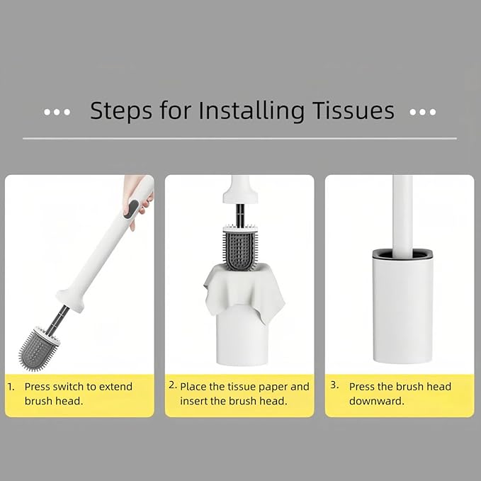 Extendable Toilet Brush & Holder Set, Disposable Toilet Brush – Silicone Head, Hands-Free Wet Wipe Attachment, Easy & Mess-Free Cleaning (White)