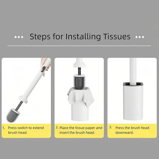 Extendable Toilet Brush & Holder Set, Disposable Toilet Brush – Silicone Head, Hands-Free Wet Wipe Attachment, Easy & Mess-Free Cleaning (White)