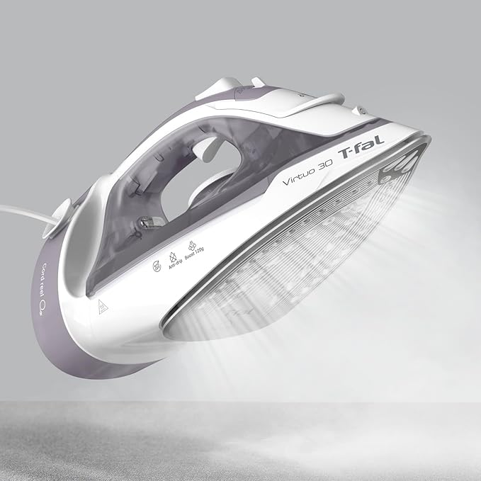 T-Fal Virtuo Steam Iron for Clothes with Retractable Cord, Portable Iron and Steamer for Clothes, Ceramic Nonstick Soleplate, 1500 Watts, Anti-Drip, Auto-Off, Scratch Resistant, Grey