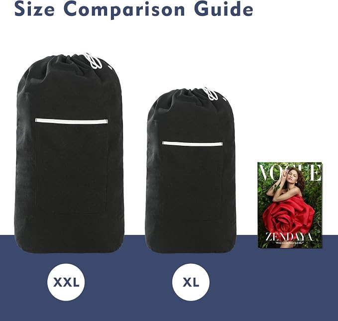Canvas Laundry Bag, Laundry Backpack, BLACK, XX-Large | Washable Laundry Collector,Thick Woven Adjustable Shoulder Straps,Large Front Pocket,Drawstring Closure,for College,Camping