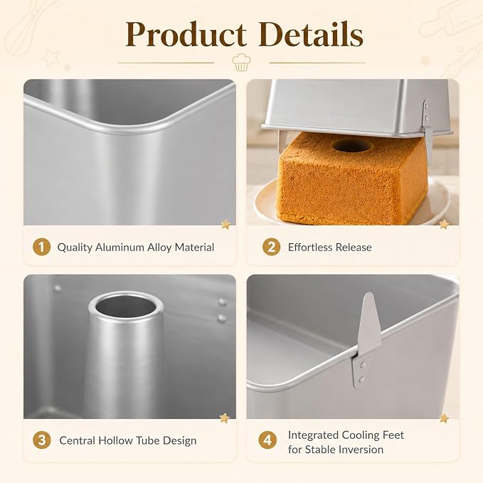 Square Tube Cake Pan, 10 Inch Aluminum Baking Mold with Removable Bottom & Cooling Feet & Silicone Spatulas, Anodized Chiffon and Angel Food Cake Pan for Even Heat Distribution and Easy Release