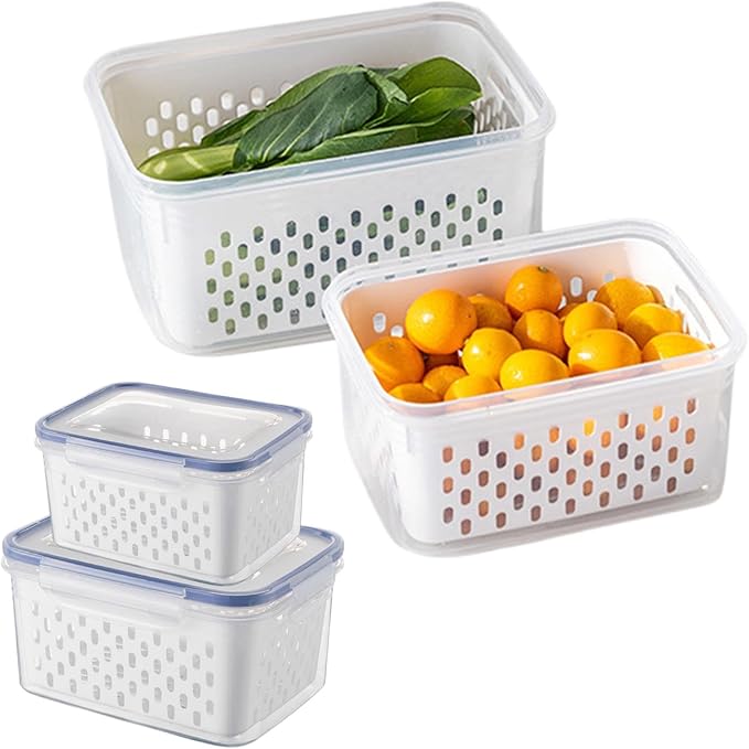 2 Pack Fruit Storage Containers for Fridge,Leakproof Food Storage Containers with Removable Colanders and Lid Produce Containers Keep Fruits Vegetables Berry and Meat Fresh longer(Clear White)