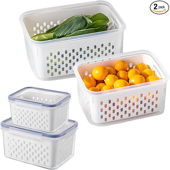 2 Pcs Fruit Storage Containers for Fridge,with Removable Colanders and Lid Food Storage Containers Fruit Washing Bowl for Salad Vegetables Meat Keeper Fresh(COLOR:Clear White)