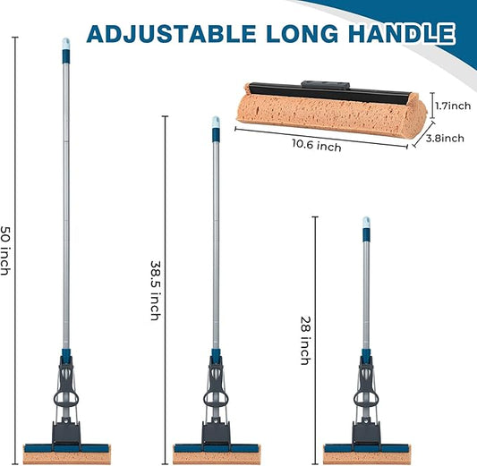 Sponge Mop for Floor Cleaning, 50" Heavy Duty Roller Mop with 4 Cellulose Refill Heads, Easy Self-Squeeze for Hardwood Tile Concrete, Wall Ceiling