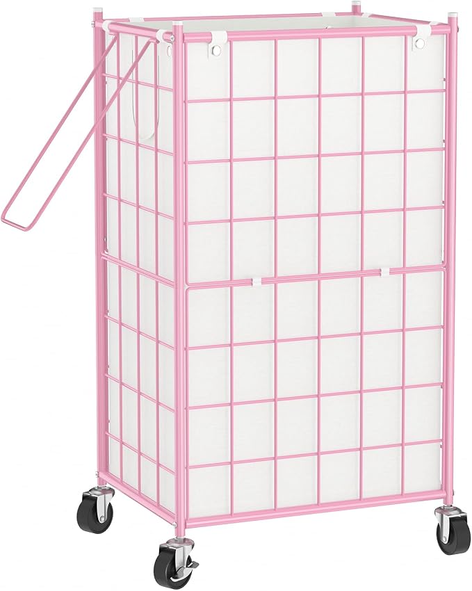 WOWLIVE Rolling Laundry Basket, Metal Wire Frame Laundry Hamper with Wheels | Hamper with Removable Bag, 100L Dirty Clothes Hamper Organizer Dorm Room Storage for Bedroom, Bathroom, Pink