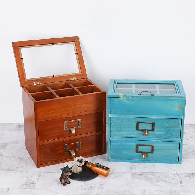 Small Wooden Drawers Wooden Box with Drawer Brown | 2 Drawer Storage Box for Apothecary Cabinet, Apothecary Drawers，Desktop Organizer with Metal Handles for Office，Home