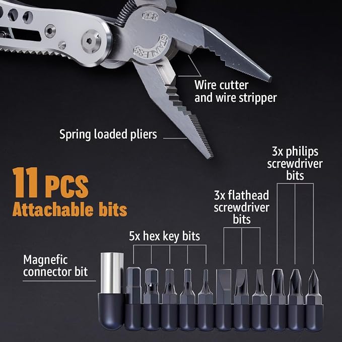 24-in-1 Multitool with Knife, Pliers & 11 Bits Sharp Stainless Steel - Multi Tool for Men - Ideal Gear with Tools for Camping Hiking, Survival, EDC - Best Gifts for Husband Boyfriend 2238