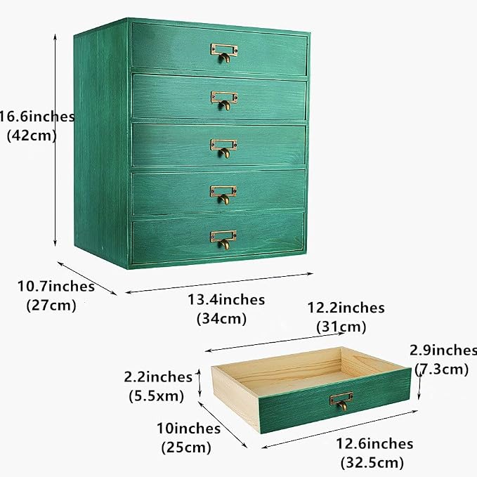 GoooodGift Wooden Drawers Large Wooden Box with Drawer, Green | 5 Drawer Wood Storage Box , Vintage Desktop Organizer with Drawers, Desk Organizers for Library Card Catalog Cabinet