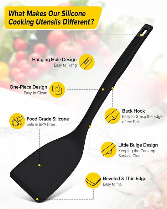 Pack of 4 Silicone Cooking Utensils Set, Non Stick Solid Spatulas and Heat Resistant Slotted Spoons with Back Hooks, Ideal BPA Free Kitchen Utensils Set for Frying,Serving,Turning,Stirring (BLACK)