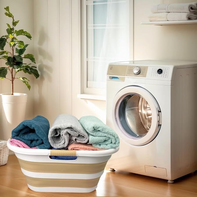 SAMMART 40L (10.5 gallon) Collapsible Plastic Laundry Hamper - Foldable Pop Up Storage Container/Organizer - Portable Washing Tub - Space Saving Basket (1, White/Beige)