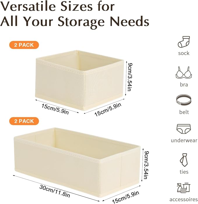 DIMJ Drawer Organiser System Drawer Organiser - Fabric Storage Box, Drawer Inserts for Wardrobes, Wardrobe Organiser for Clothes, Pack of 8, Beige Classic