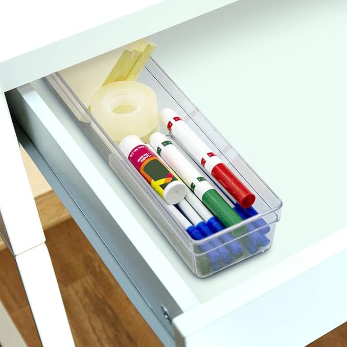 Glad Plastic Drawer Storage Tray – Heavy Duty Organizer Bin for Home, Kitchen, Bath, Bedroom, Office | Non-Slip Feet, Clear, 13x3 (Pack of 6)