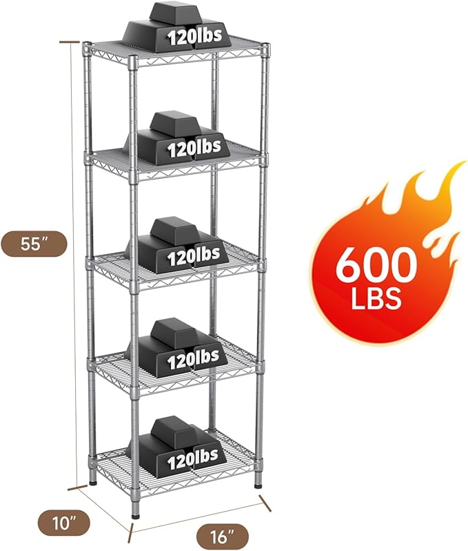 Golpart 5Tier Adjustable Storage Shelves Metal Wire Shelving Standing Shelf | Utility Heavy Duty Unit Rack Closet Organize for Home Kitchen Laundry Room Organization Pantry 10"Dx16"Wx55"H Grey