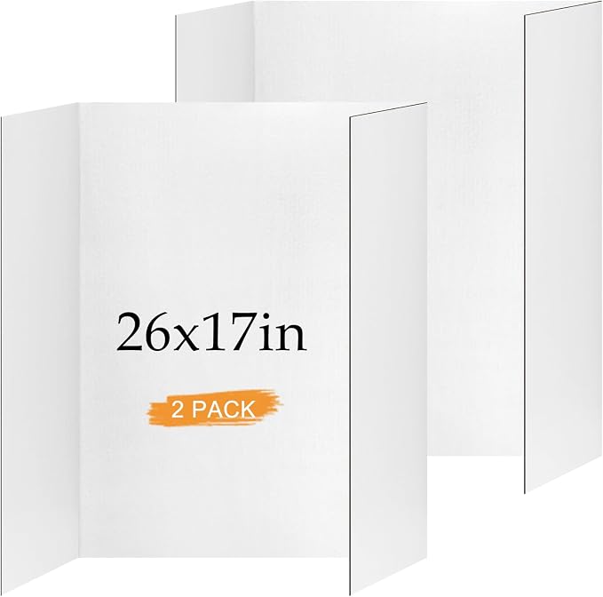 Small Trifold Poster Board 26" x 17", White Science Fair Display Boards | 2 Pack, Thickened Corrugated Cardboard, Portable, for School Projects and Event Displays