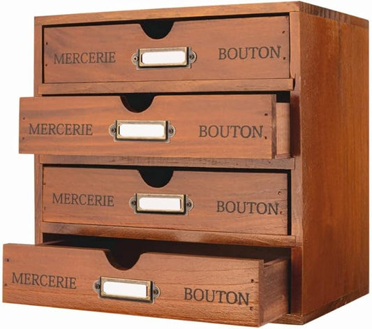 Small Wooden Drawers Wooden Box with Drawer Brown | 4 Drawer Storage Box for Apothecary Cabinet, Apothecary Drawers，Desktop Organizer with Metal Handles for Office，Home
