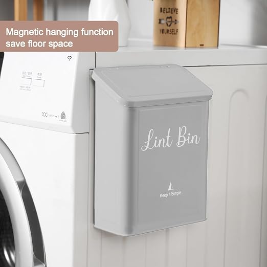 Magnetic Lint Bin for Laundry Room Organization and Storage,Light Grey | Wall Mounted Metal Lint Box Holder Trash Can with Lid for Dryer,Lint Basket for Laundry Room Decor