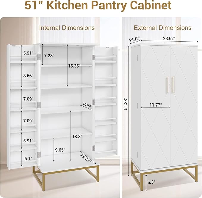 kepptory 51” Kitchen Pantry Storage Cabinet with Diamond Design, White Freestanding Pantry Cabinets with Golden Base and Handles, Buffet Cupboards Cabinet with 6 Adjustable and Large Storage Space