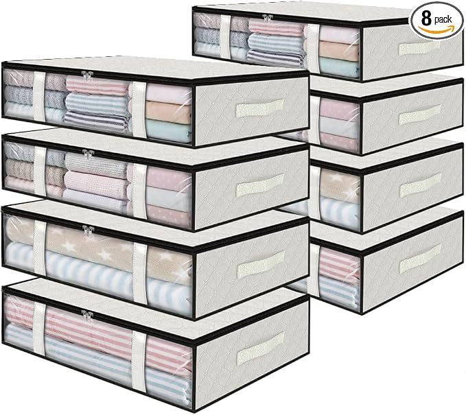 StorageRight Under Bed Storage Bags, 8 Pack, 40L, White | Breathable Non-Woven Fabric with a Clear Window and Zippered Top for Clothes, Comforters, Blankets and Seasonal Storage