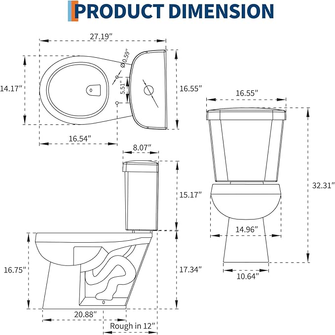 Two Piece Toilet, 17" Round with Upgraded Flushing, Dual Flush Buttons (Top Mounted), Includes Soft-Close Seat & Hardware, White, 12" Rough-in