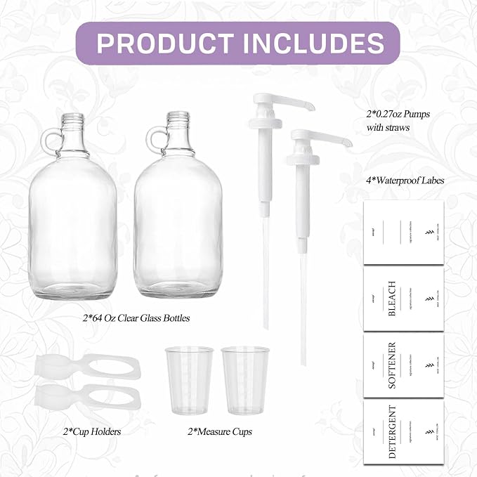 2 Pcs Glass Liquid Laundry Detergent Dispenser with Cup Holders, Half Gallon Dispenser for Laundry Room (64 oz. Each), Laundry Detergent Bottles with Pump Dispenser -Includes Labels, Measuring Cups