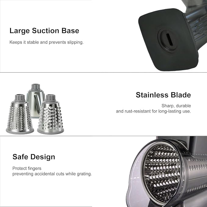 3-in-1 Manual Rotary Cheese Grater & Vegetable Slicer, Round Mandoline Food Chopper with 3 Interchangeable Blades, Strong Suction Base Hand Crank Grater for Cheese, Potato, Nuts & Veggies