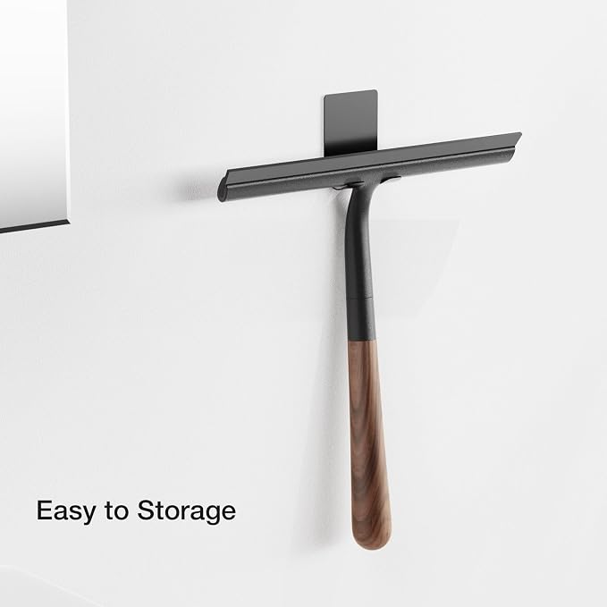 Shower Squeegee for Glass Doors, Streak-Free Silicone Window Cleaner with Detachable Wood Handle & Hook, Rust-Proof Bathroom Squeegee for Mirror, Tile Wall, Car Windshield, 10 Inch Black