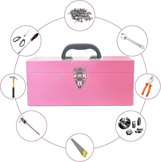 16" Small Tool Box Mini Toolbox Small Metal Tool Box Portable Locking Metal Toolbox with Latch Closure Pink