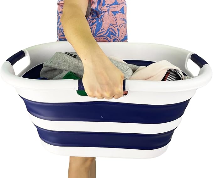 SAMMART 40L (10.5 gallon) Collapsible Plastic Laundry Hamper - Foldable Pop Up Storage Container/Organizer - Portable Washing Tub - Space Saving Basket (1, White/Starry Blue)
