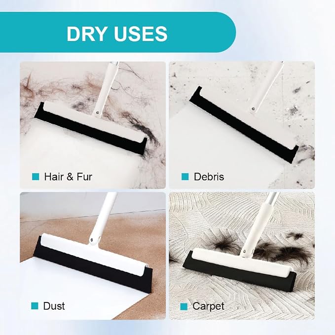 Japan-Designed Satto Floor Squeegee Kit with EVA Rubber Blade, Extendable Squeegee Broom (up to 52.56"), Water Broom for Concrete Floors, Bathroom, Window & Car Cleaning, Includes Disinfectant Wipes