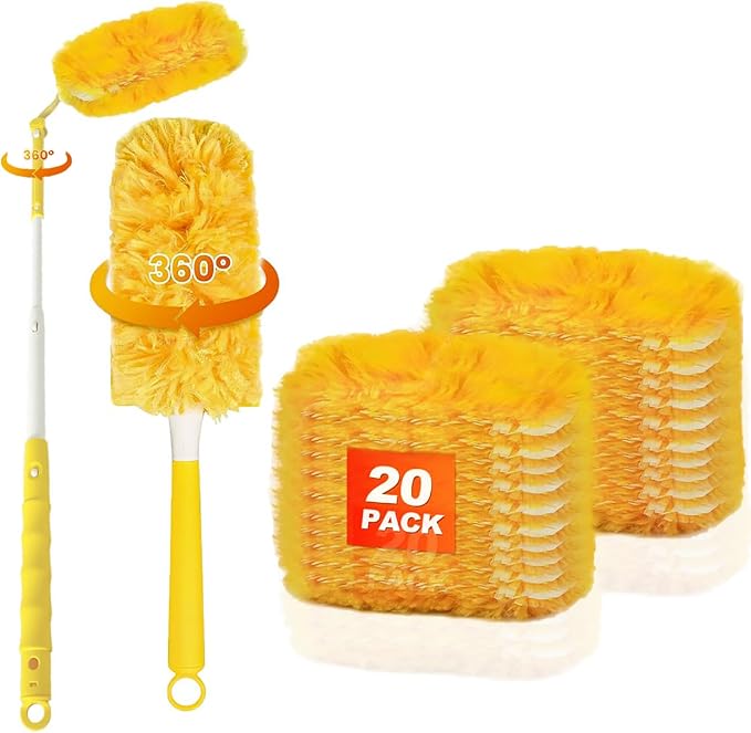 20-Pack Duster Refills Compatible for Swiffer Duster, 360° Heavy Duty Duster Refills with 1 Extended Handle 3FT +1 Short Handle, Multi-Surface Cleaning Kit for Blinds Bookshelf Furniture Ceiling Fans