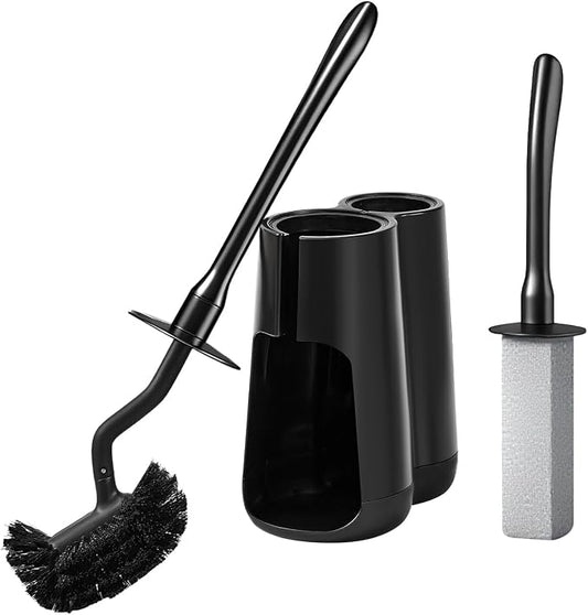 Toilet Brush & Pumice Stone Brush Combo, 2-in-1 Toilet Bowl Brush with Curved Deep Cleaning Brush and Extended Handle, Dual-Slot Holder Set, Compact Size Toilet Cleaner Brush Organizer (Dark Black)