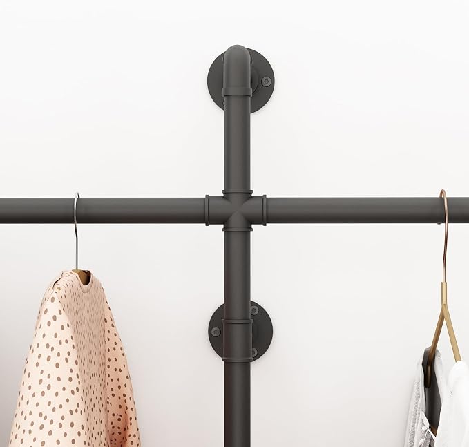 ORSENIGO Industrial Pipe Clothing Rack, Heavy Duty Clothes Rack for Hanging Clothes, Wall Mounted Display Garment Rack for Home Retail Boutique (Double, Black)