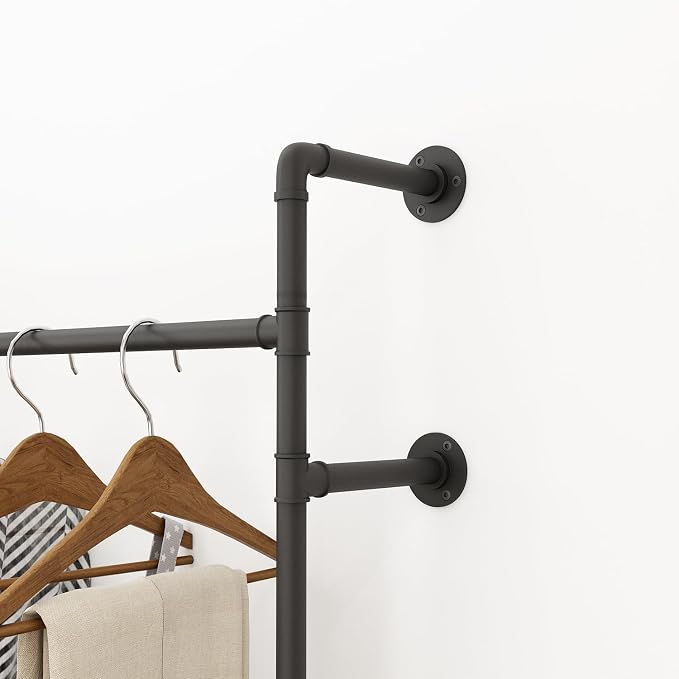 ORSENIGO Industrial Pipe Clothing Rack, Heavy Duty Clothes Rack for Hanging Clothes, Wall Mounted Display Garment Rack for Home Retail Boutique (Double, Black)