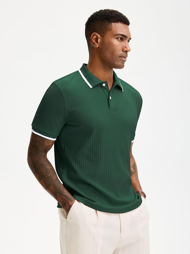 Comdecevis Men's Regular Fit Short Sleeve Knit Polo Shirts | Business casual, lightweight, breathable, stretch textured fabric, moisture wicking, easy care