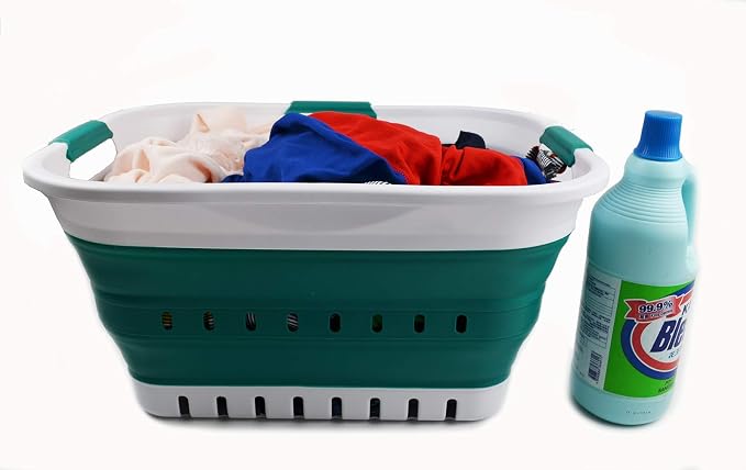 SAMMART Set of 2-30L (8 gallon) Collapsible Plastic Laundry Basket - Foldable Pop Up Storage Container/Organizer - Space Saving Hamper/Basket (2, White/Dark Green)