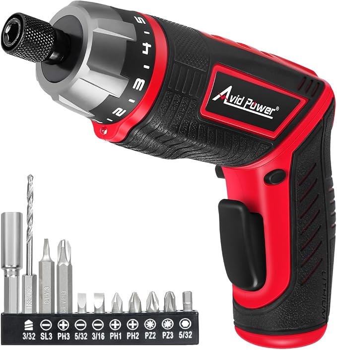 AVID POWER 4V Electric Cordless Screwdriver Set 5.65Nm 11 Bits - RED | 5.65Nm, 5+1 Torque Settings, 2-Position Handle, 11 Accessories, LED Light, for Precision Assembly & Furniture Installation