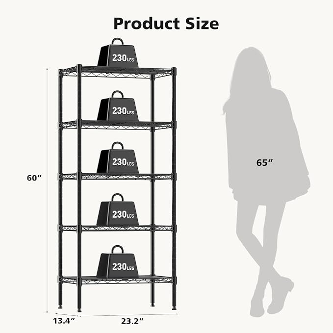 NEWBULIG 5-Tier Metal Wire Storage Shelves, Adjustable Heavy Duty Steel Shelving Unit, Freestanding Storage Rack Organizer for Kitchen, Pantry, Garage, Bathroom, 23.2" W x 13.4" D x 59.8" H, Black