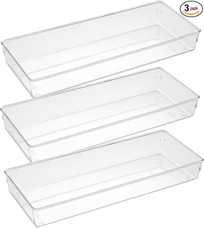 3 Pack Large Clear Plastic Drawer Organizer Tray Cutlery Utensil Makeups Drawer Organizers 15" X 6"