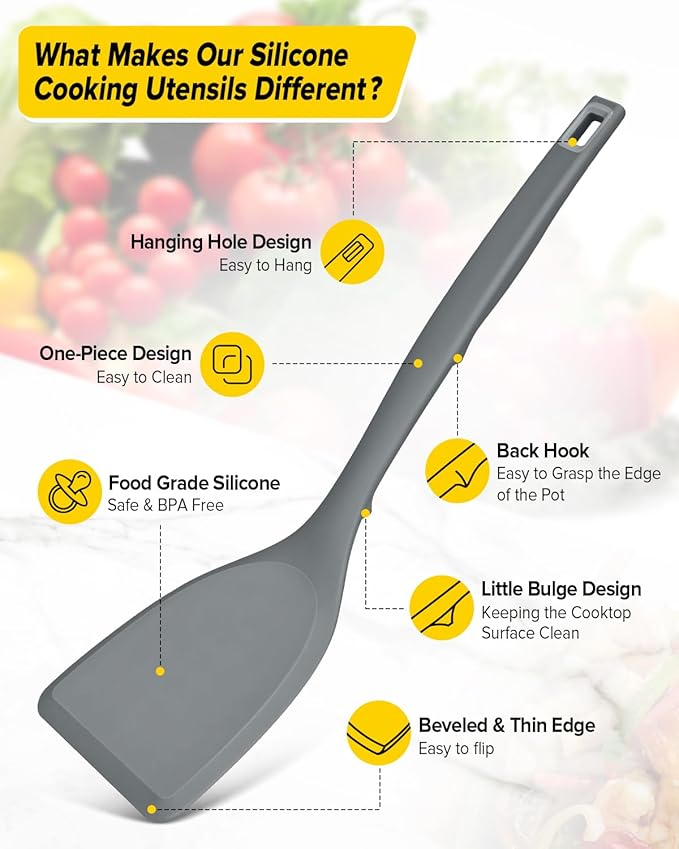 Pack of 4 Silicone Cooking Utensils Set, Non Stick Solid Spatulas and Heat Resistant Slotted Spoons with Back Hooks, Ideal BPA Free Kitchen Utensils Set for Frying,Serving,Turning,Stirring (GRAY)