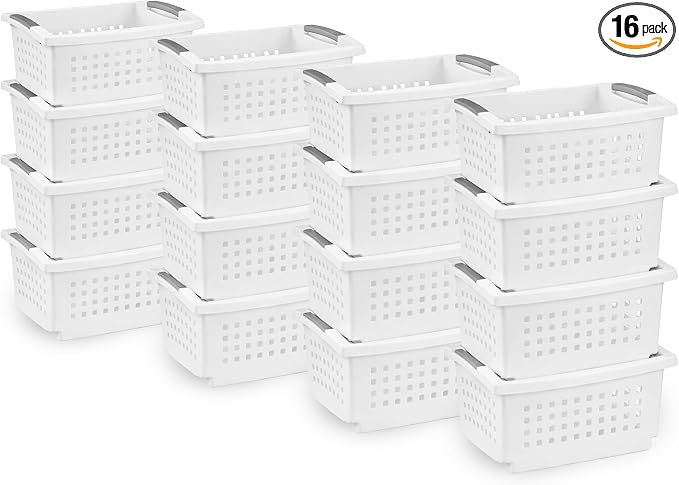 Sterilite 16 Pack Small Stacking Basket, Open Top Storage Bin with Handles, White - Ideal for Home Closets, Kitchens, or Office Organization