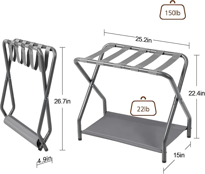 AMHANCIBLE Luggage Rack, Set of 2, Foldable Suitcase Stands for Guest Room | Metal Luggage Holder with Storage Shelf for Bedroom, Hotel, Easy Assemble, Grey