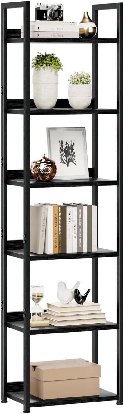 NUMENN Narrow Bookshelf, 6 Tier Freestanding Shelving Unit, Black | Metal Frame & Wood Shelves, Falling Prevention Baffle, Open Storage Bookcase for Bedroom, Living Room & Home Office