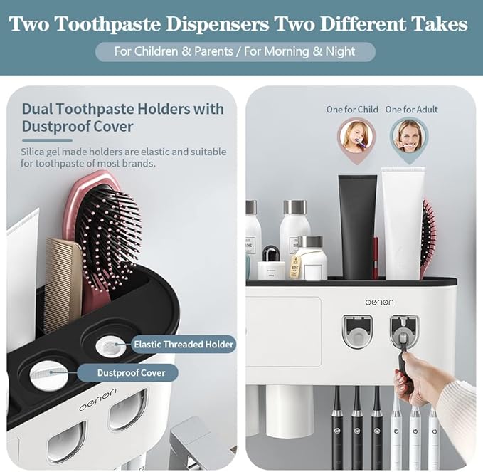 Toothbrush Holders Wall Mounted, Toothbrush Holder with Automatic Toothpaste Dispensers, 6 Brush Slots, 3 Magnetic Cups,1 Cosmetic Drawer Organizer and 1 Large Storage Tray